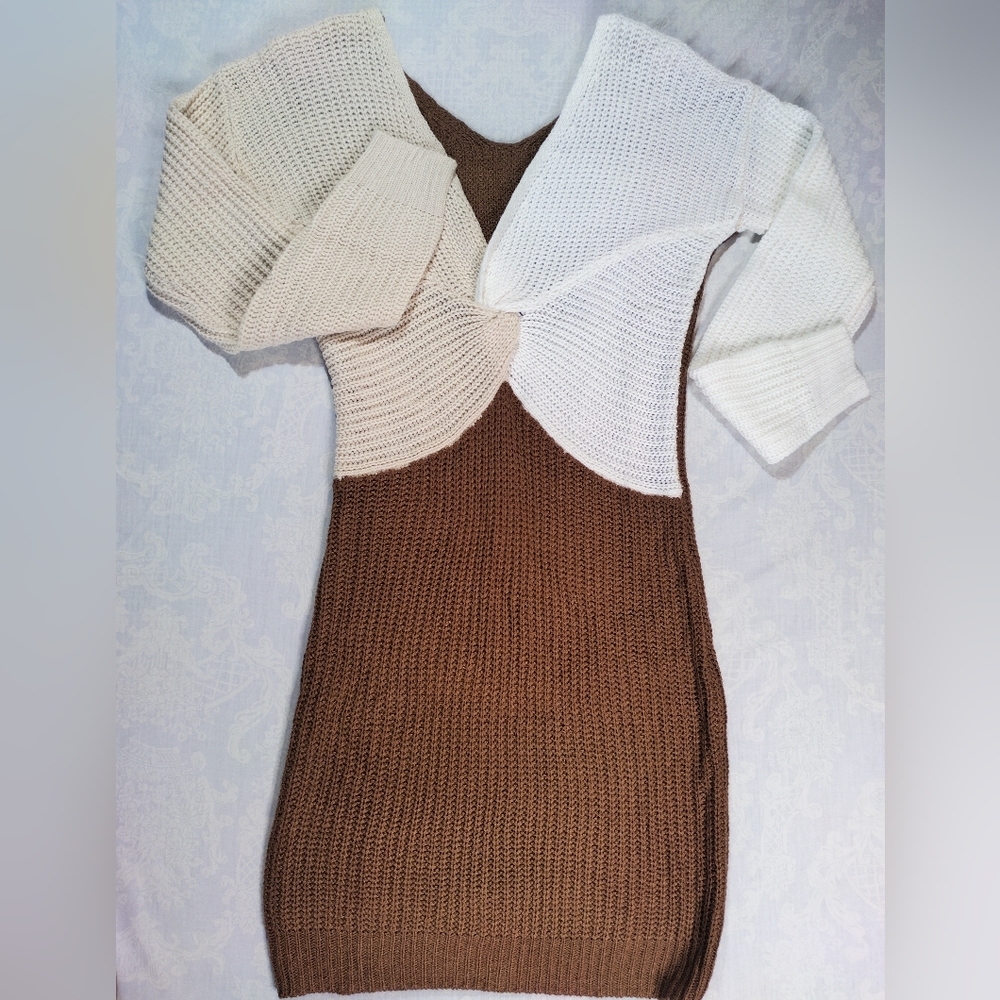 Cream and tan color blocking sweater mini dress